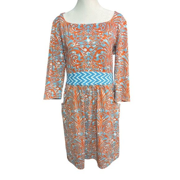 J‎ McLaughlin Dillards Emma Dress Catalina Cloth Blue Orange Boat Neck Modest LG - Picture 1 of 12